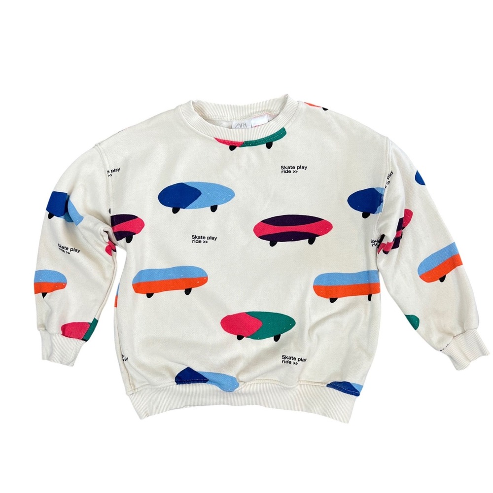 Zara Kids Skateboard Print Sweatshirt Cream Multi Color Crewneck Pullover Skater